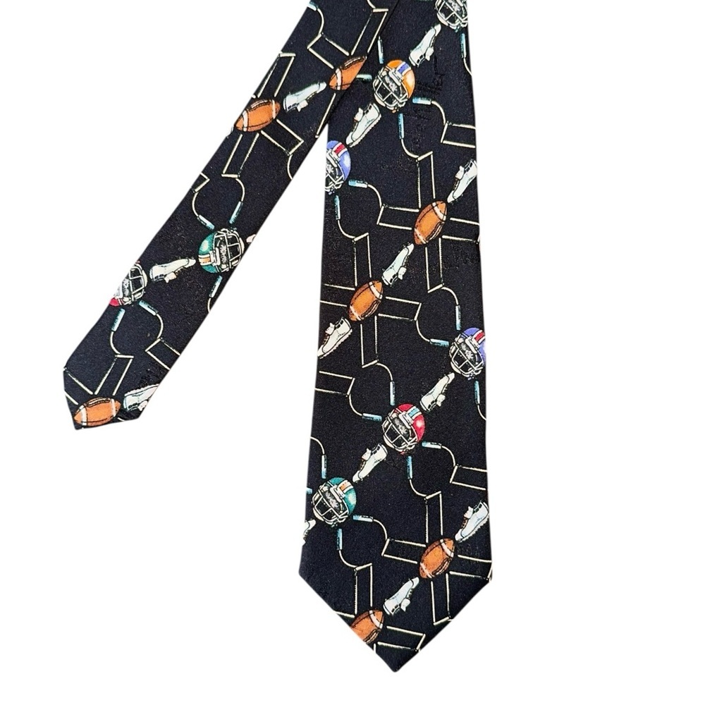 Vtg Nicole Miller Mens Slim Tie 1995 Silk Football Black HandSewn 54x2.75” Korea